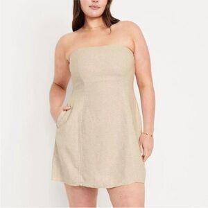 Old Navy Neutral Beige Linen Strapless Mini Dress w/ Pockets Size XL